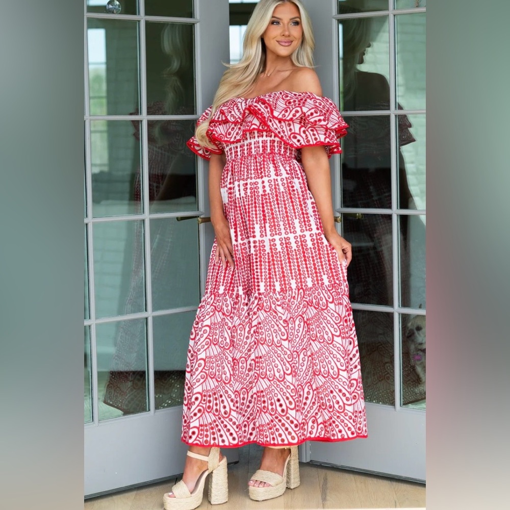 NWT red and white eyelet off-the-shoulder dress size L